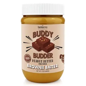 Buddy Budder Peanut Butter Dog Treat Brownie Batter- 17oz Jar - Made in USA - All Natural with Unsalted Peanuts, Carob & Vanilla - No Hydrogenated Oils or Additives healthy  pet  treats peanut butter