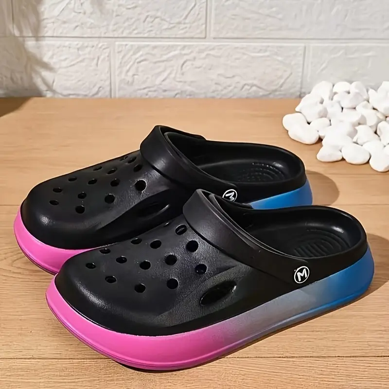 Ladies' Summer Black Perforated Shoes, Gradient Color, Comfortable And Breathable, EVA, Suitable For Both Indoor And Outdoor Use