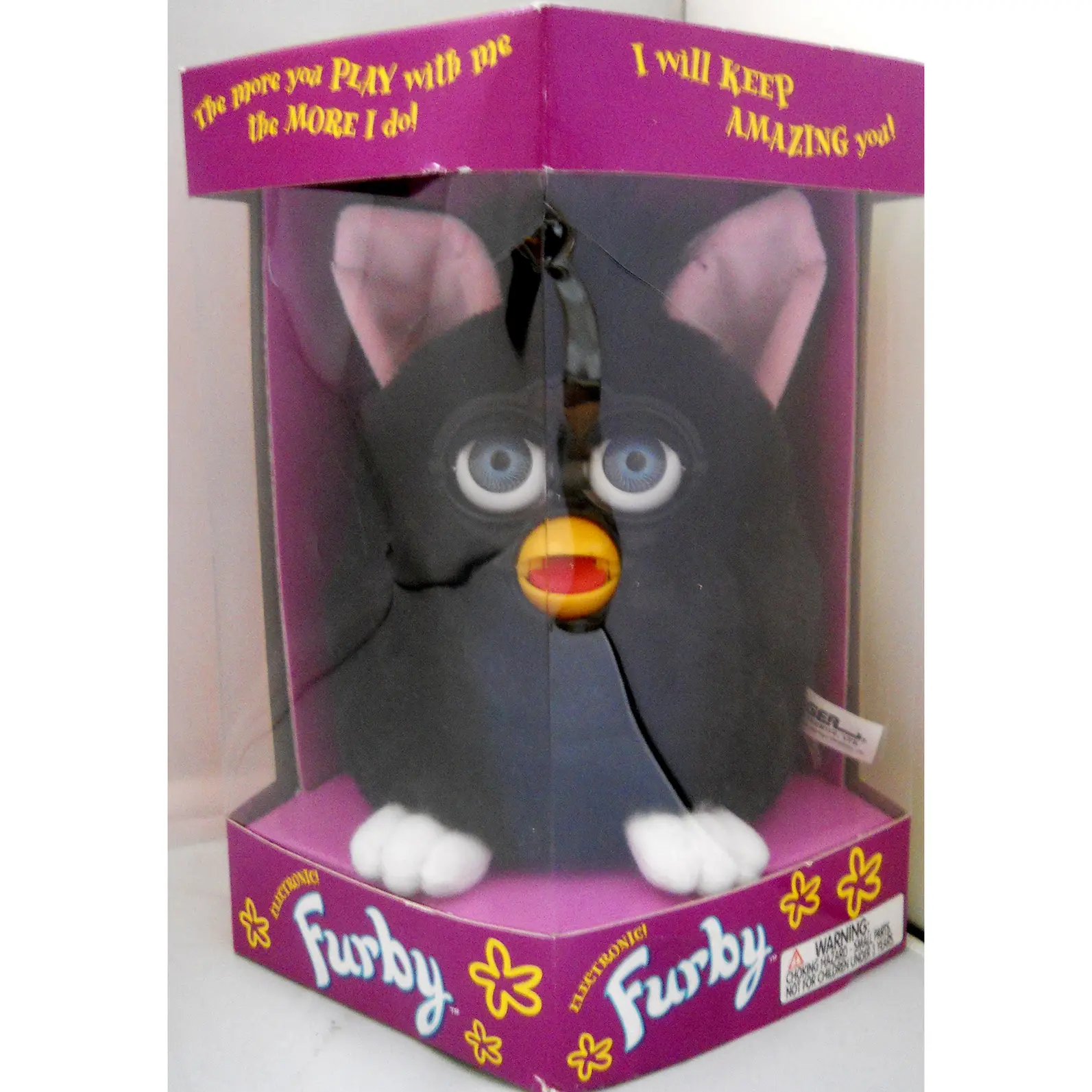 Furby Model 70-800 Black Body & Hair, White Feet, Pink Ears Blue Eyes Rare 1998