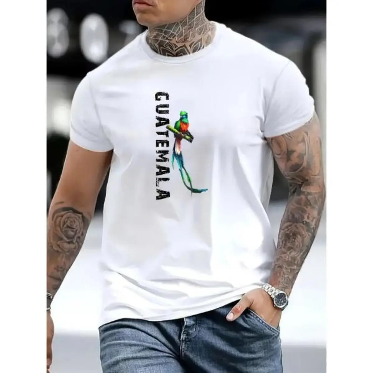 Men's Guatemala-Inspired Bird Graphic T-Shirt, 100% Cotton Casual Round Neck Short Sleeve Regular Fit Top, Fashion Streetwear for Summer Fitness Exercise, Soft Basic Cut, Do Not Bleach/Do Not Iron, Tshirt, Casual Fit