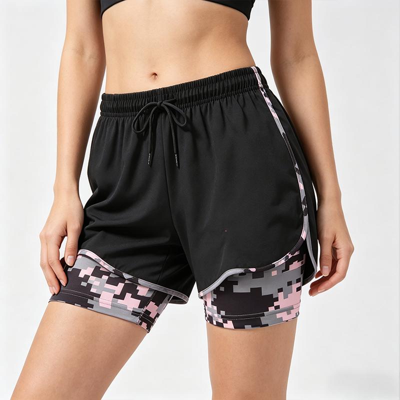 New women’s 2-in-1 casual running shorts with camouflage lining, fitness training shorts with pockets