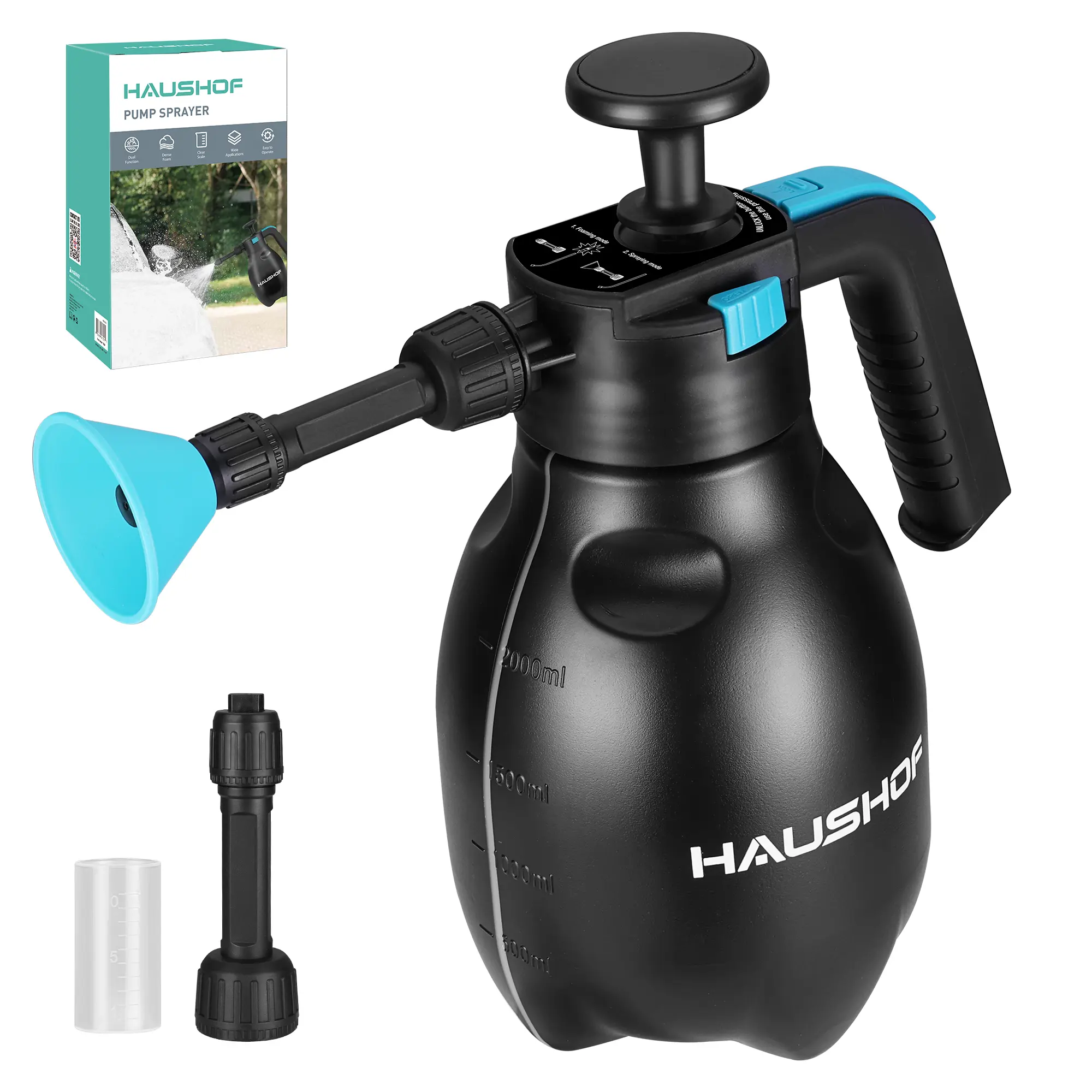 #toolupgrade HAUSHOF 0.5 Gallon Pressurized Car Foam Sprayer, Handheld Pump Sprayer with 2 Adjustable Nozzles, Continuous Mist Spray Bottle for Car Washing, Garden Watering & Household Cleaning, Black