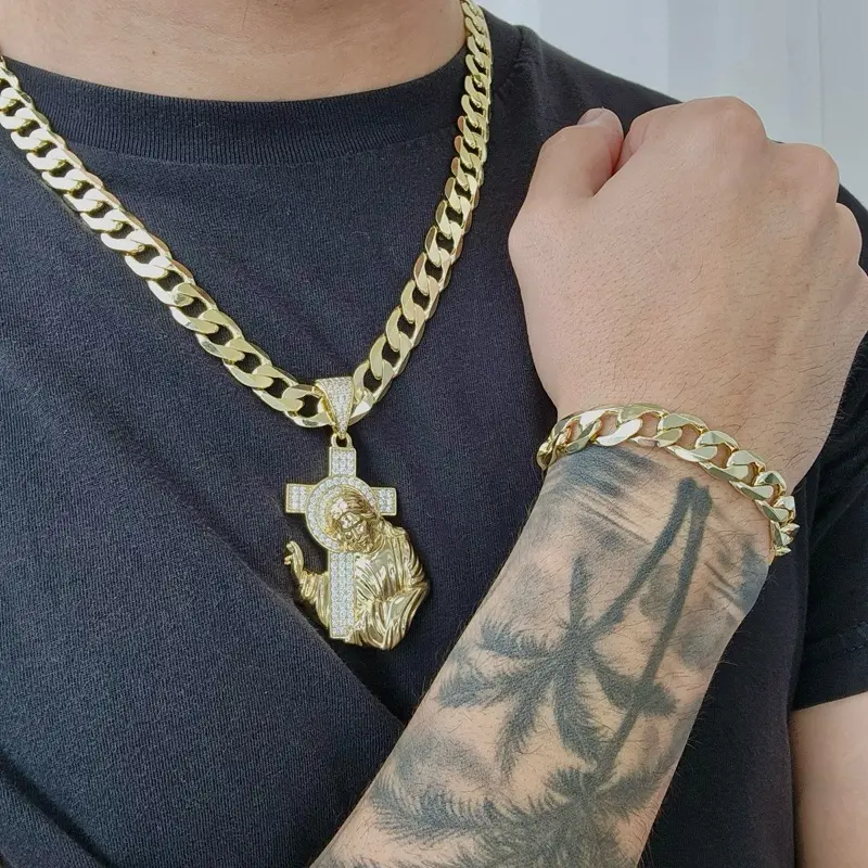ViOrO 14K Gold Plated 10mm Cuban Link Chain with Bracelet and Zircon Jesus Christ Pendant for Dairy Use. Electro Laminated Premium Jewelry