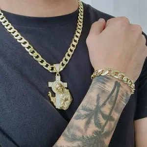 ViOrO 14K Gold Plated 10mm Cuban Link Chain with Bracelet and Zircon Jesus Christ Pendant for Dairy Use. Electro Laminated Premium Jewelry