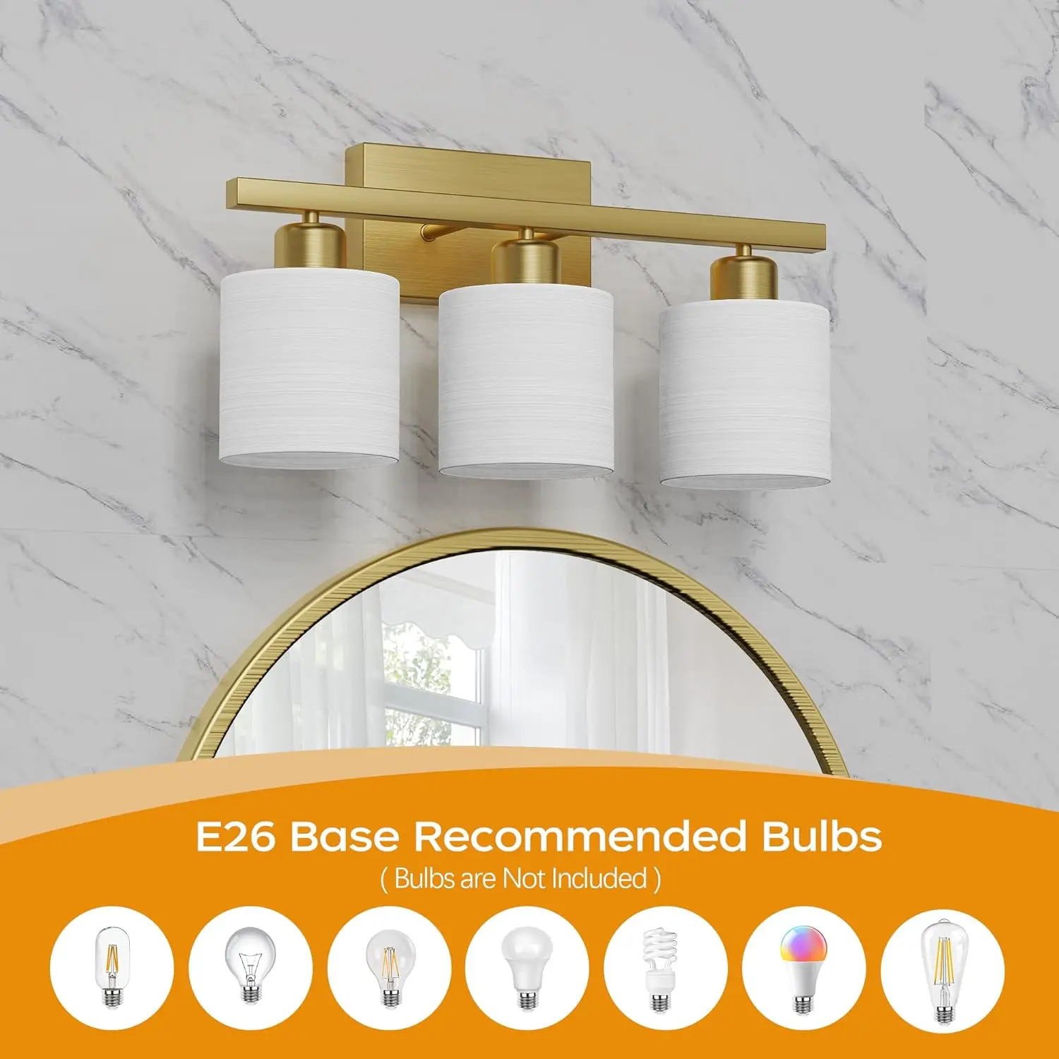 Bathroom Light Fixtures, Bathroom Lighting Fixtures Over Mirror, Interior Classic Vanity Lights, Modern Vanity Light with Textured White Glass Shade, Brushed Gold, 3-Light