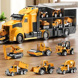 Gusilor Construction Trucks Toy Set with Carrier Truck Play Vehicles for 3-6 Year Old Boys Kids Die-Cast Car Toy with Sounds Lights and 6 Mini Trucks Birthday Gifts for 3-9 Year Old Boys hotshot  truck