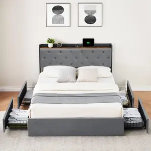 Grey Upholstered Bed Frame with Charging Station Headboard & 4 Storage Drawers, Platform Bed Frame Mattress Foundation with Wooden Slats Support, No Box Spring Needed, Gray, Full Size