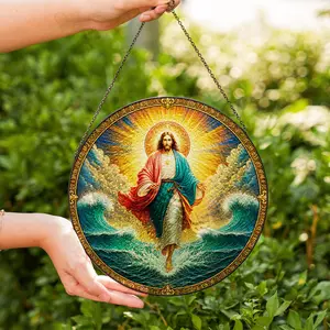 [Made in US] Jesus Walking on Water Stained Glass Suncatcher, Divine Mercy Acrylic Window Hanging, Christian Religious Home Decor, Faith Spiritual Gift