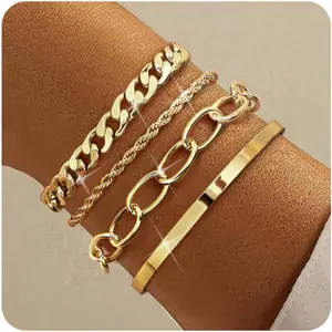 Trendy Chunky Gold Plated Bracelets for Women Waterproof Non Tarnish Stackable Layered Chain Cuff Herringbone Mothers Day Jewelry Gifts