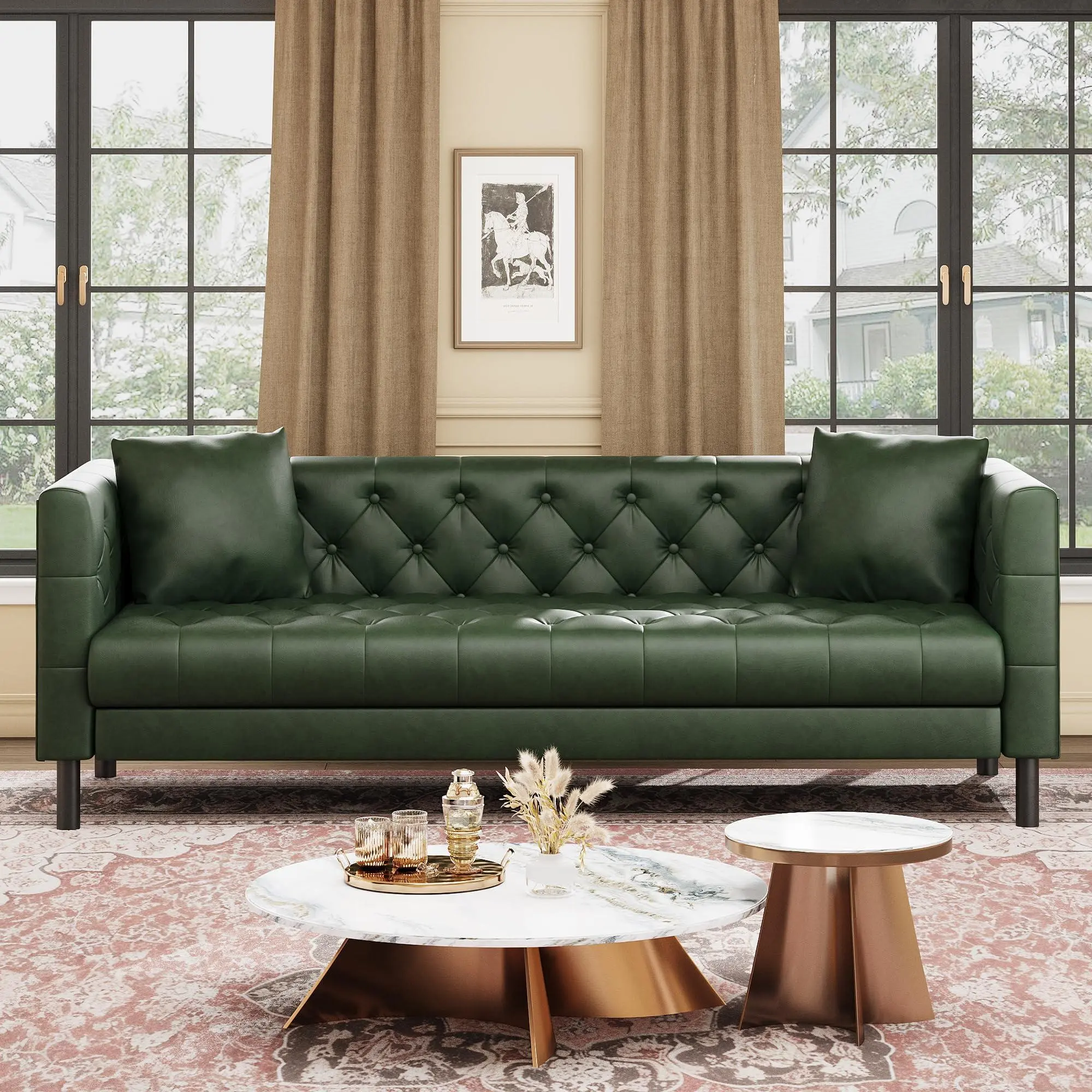Gaomon 81" Green Chesterfield 3-Seater Leather Sofa - Hand-Tufted Button Quilt, Deep Seat, Legged Base, Vintage Indoor Furniture for Living Room, Apartment