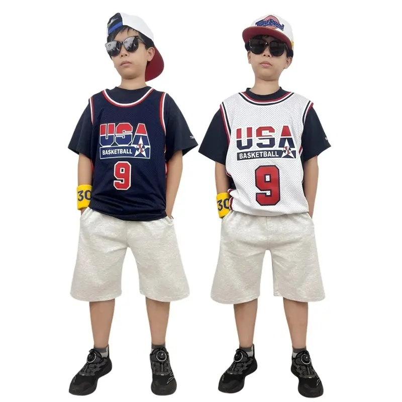 2025 Retro Youth Kids' 9# 1992 American Sizes Pure Cotton Breathable Mesh Quick-Dry Outdoor Sport Jersey - High-Quality Sewn Embroidered Logo Shirt, Blue White, Machine Washable, Cold Wash, Do Not Dry Clean, Mixed Wholesale Accepted