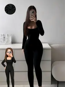 New Solid Color Square Neck Long Sleeve Slimming Yoga Jumpsuit for Women, Casual Fit, Comfortable & Stylish Workout