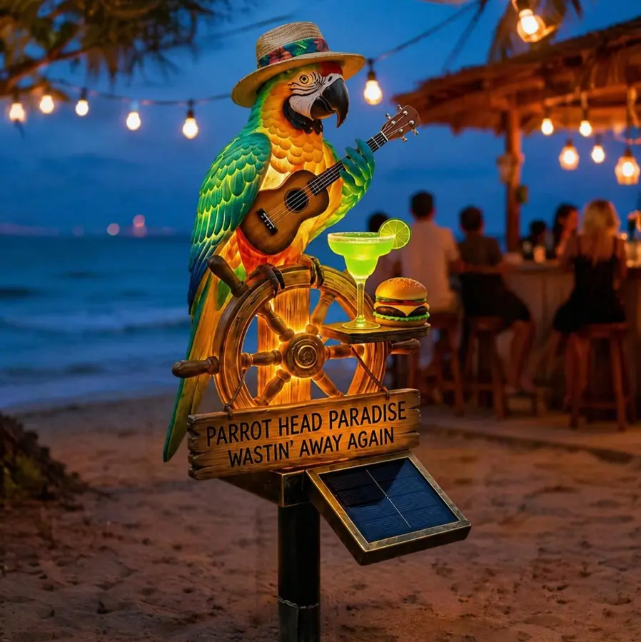 Solar Parrot Garden Stake Light - Resin Guitar-Playing Macaw with "Wastin' Away Again" Sign, Waterproof Tropical Yd Art, Home Improvement Landscape Decor, Unique Gift for Gardeners