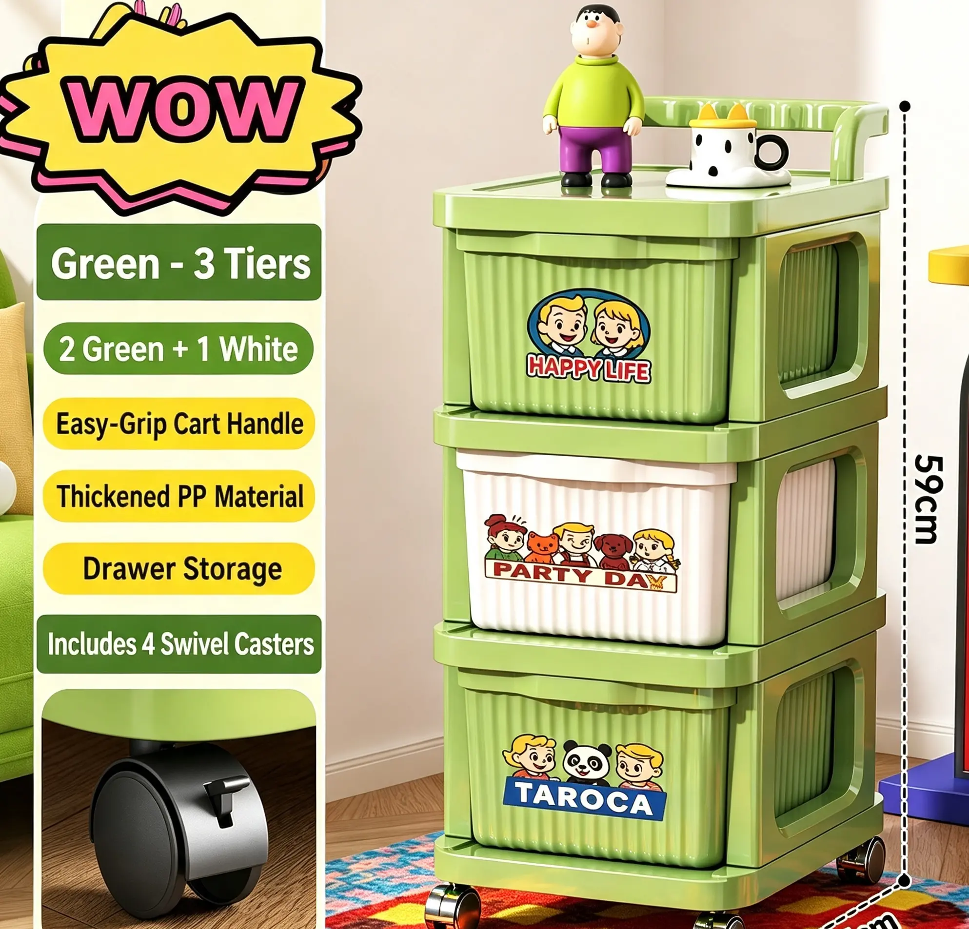 Multi-Tier Mobile Dopamine-Style Storage Cart - Home Organizer Storage for Living Room, Kitchen, Freestanding Floor Rack with Installation Kit for Toys, Snacks