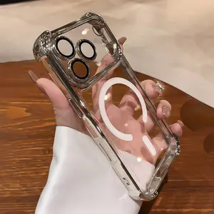 6D Plating Cosmic Orange Magnetic Phone Case for IPhone 17 Pro Max 17 Air Clear Hard Case Airbag Shockproof Cover