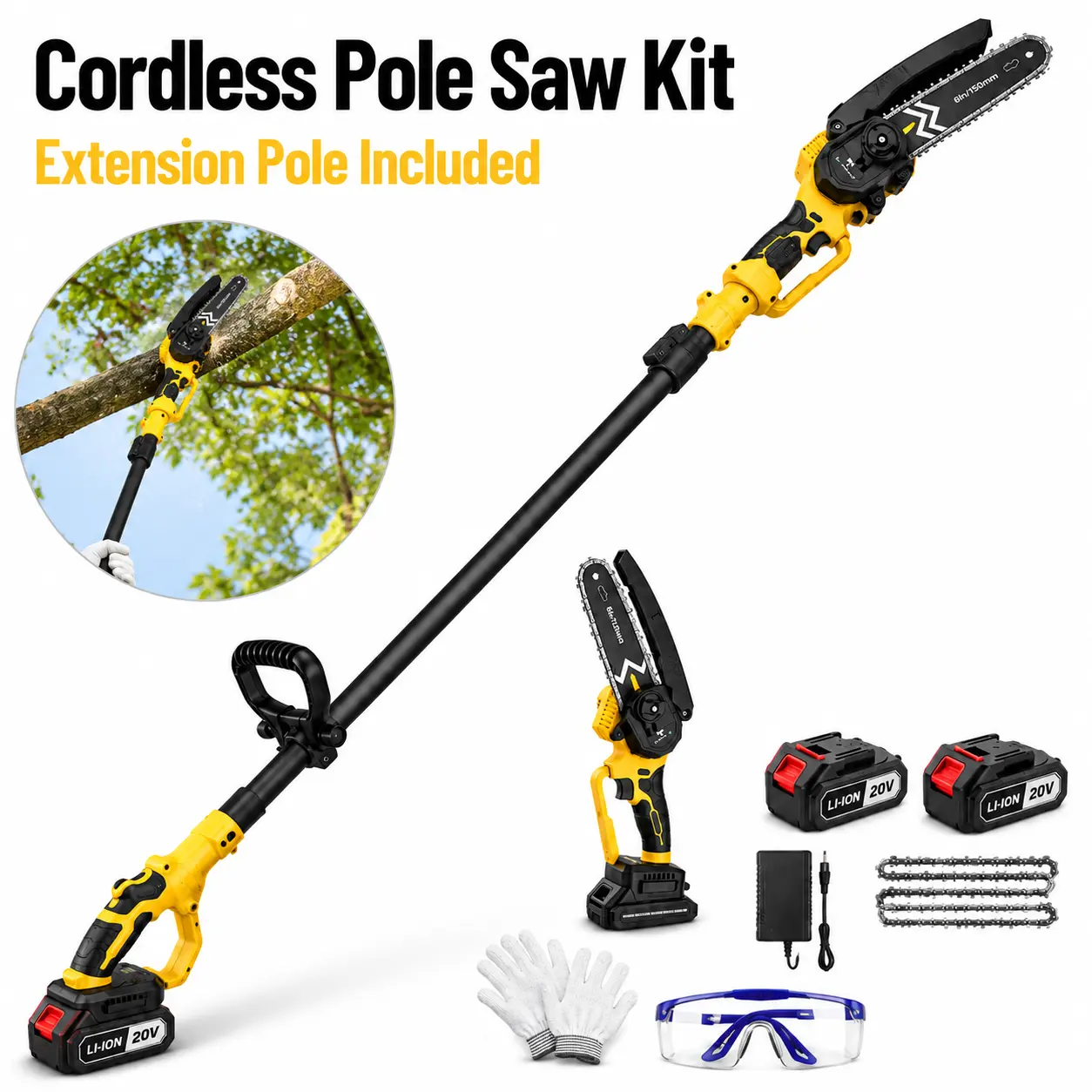 2-in-1 Cordless Aluminium-Frame Pole Saw & Plastic Mini Chainsaw Kit, 6-in Battery-Powered Extendable Tree Pruning Saw with 2 Rechargeable Batteries for Easier Backyard Trimming & Garden Use