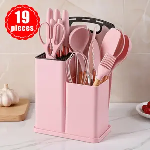19pcs Silicone Kitchen Utensil Set WithWoodenHandles,Heat-Resistant Non-StickCooking Toolslncludes Elegant Knives AndStorage Organizer-Easy Cooking & Cleaning ForHome And KitchenLight Green Steel SpatulasStainless Board Pasta Spoon Utility