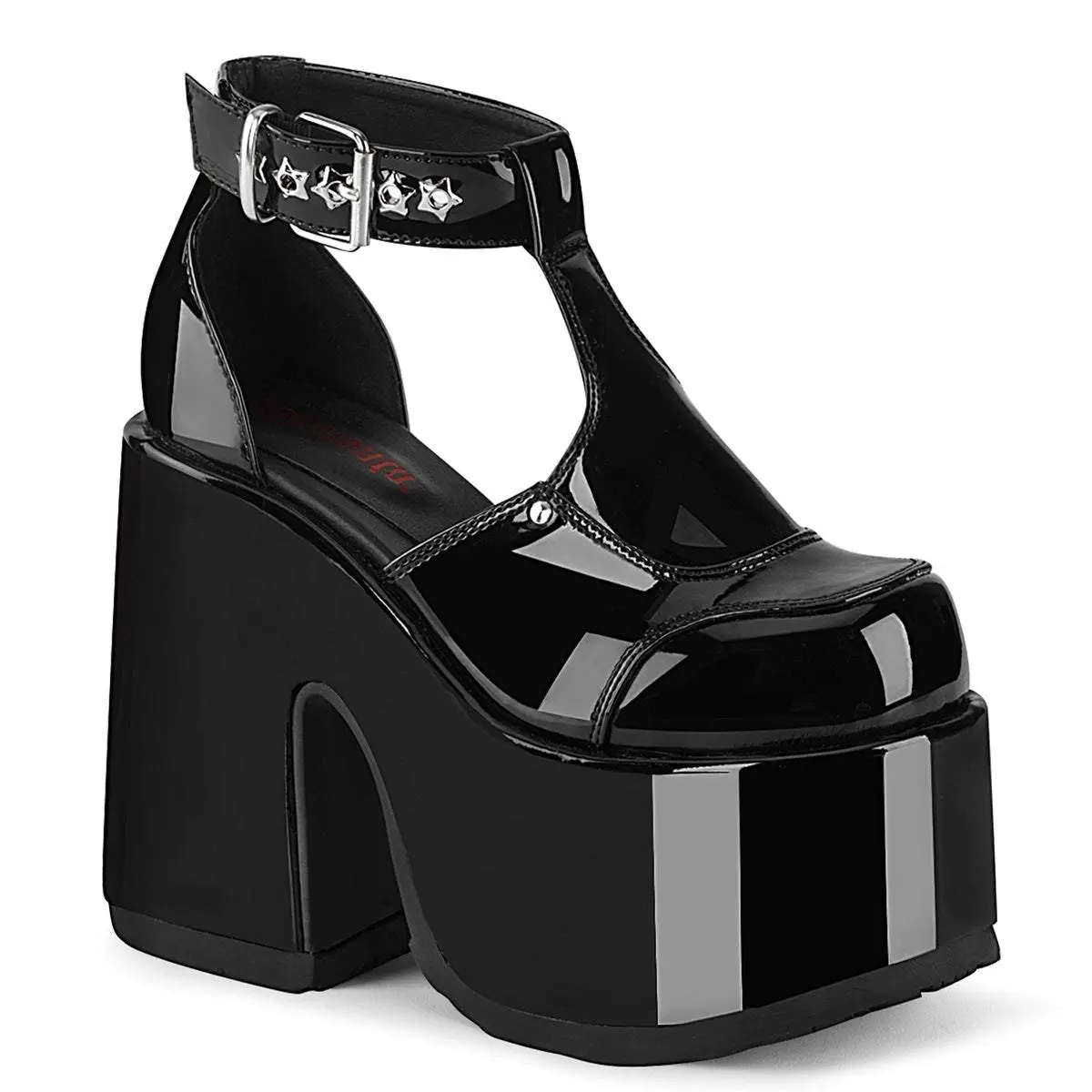 Demonia Camel-103 Black Patent Sandals with Chunky Heel, Platform Design for Women, Summer Footwear