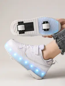 Unisex Dual-Wheel Roller Skates, Adjustable Velcro Closure, PU Leather, LED Light, USB Rechargeable, All-Seasons, Detachable Wheels