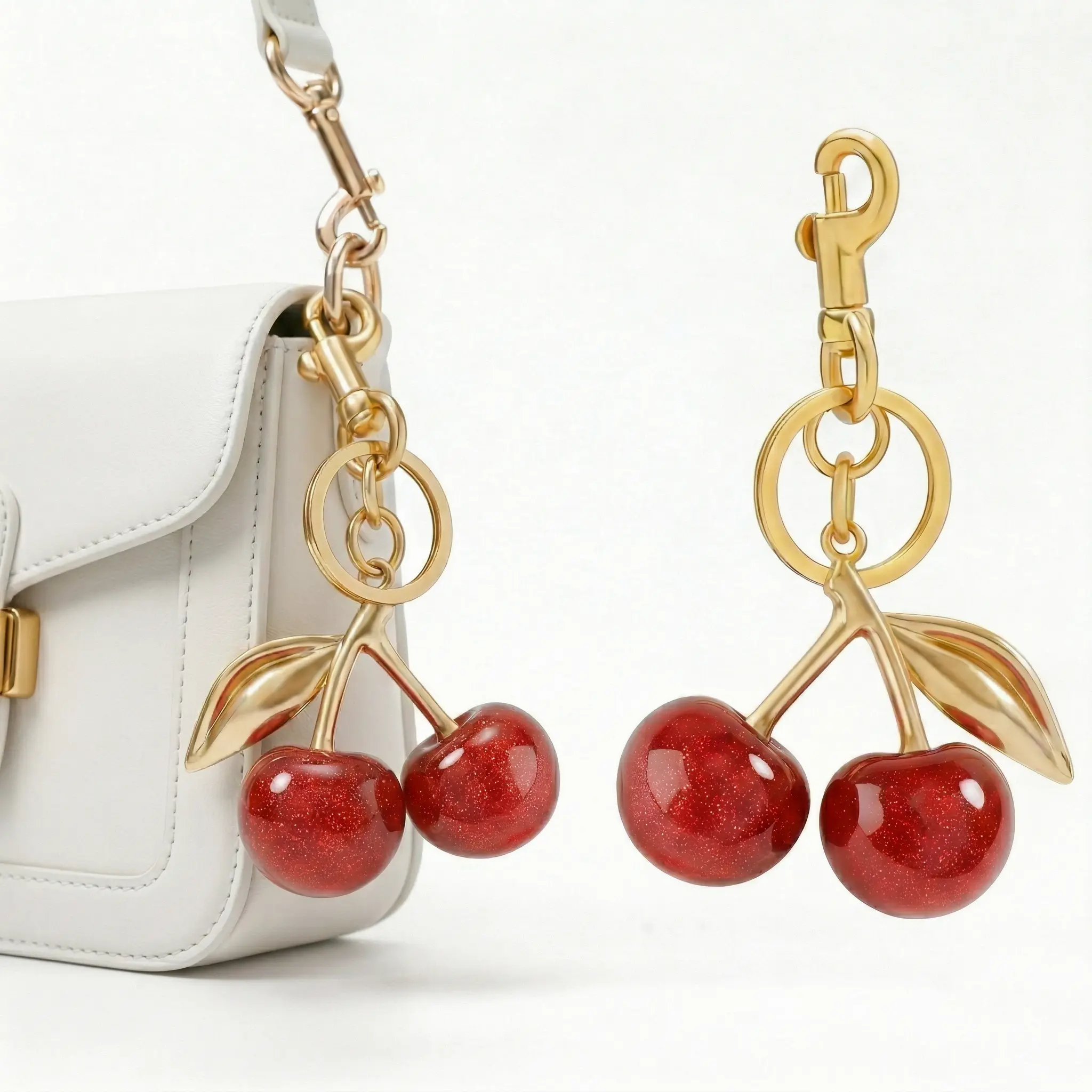 3D Cherry Resin Keychain with Metal Hardware - Sparkly Bag Charm, Keychain for Bags, Stylish Purse Accessories, Ideal Birthday Gift for Backpacks
