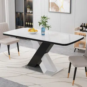 47” to 63” Extendable Dining Table White & Black X-Design Space Saving Stretchable Table for Small Dining Room Kitchen Apartment Sturdy MDF Top with Metal Base Easy Installation Modern Design Rectangular marble square