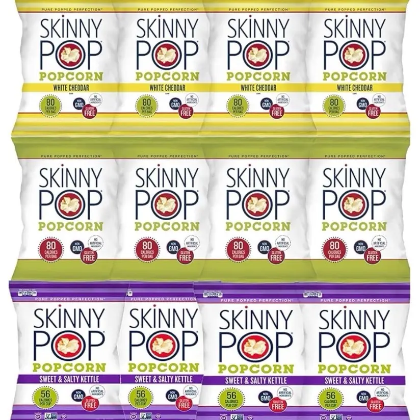 Skinny Pop Variety 12-Pack, Sweet & Salty Kettle, White Cheddar, Original, 12-0.5/0.8 oz Individual Bags