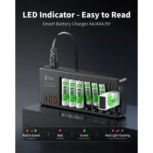 EBL AA AAA 9V Individual Battery Charger for AA AAA 9V NiMH NiCD and 9V Li-ion Rechargeable Battery, with 2 USB-A & 1 USB-C Charging Ports