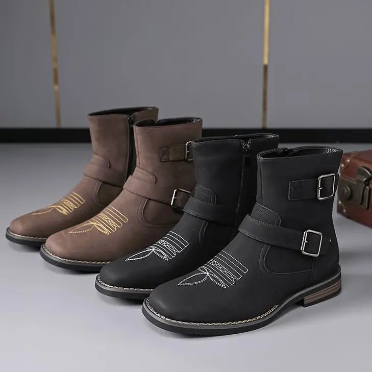 CYUW Men's Western Cowboy Boots, Embossed PU Leather Ankle Boots with Buckle Strap, Pull Tabs, and Low Heel, Breathable Casual Outdoor Footwear, Casual Outdoor Boot, Shoes