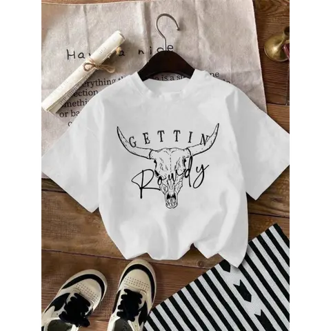 Women's Bull Head & Letter Print Round Neck Tee, Fashion Casual Drop Shoulder Short Sleeve T-shirt, Ladies Summer Clothes for Daily Wear Garment Streetwear