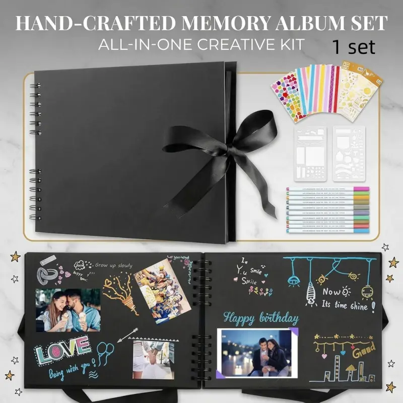 DIY Scrapbook Photo Album Set, Black Spiral-Bound Memory Book with Stickers, Stencils & Pens, Handcrafted Kit for Weddings, Travel & Keepsakes, Glitter Stickers, Scrapbook Accessories, Scrapbooking Tool