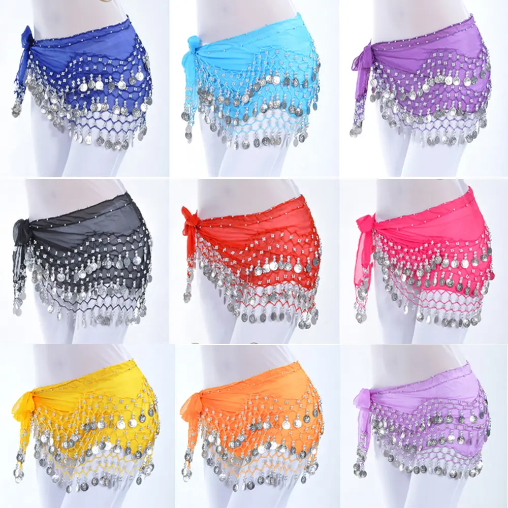 Belly Dance Hip Scarf Chiffon Skirt Wrap Professional Hip Scarf Skirt Costume with 128 Silver Coins for Yoga Belly Dancing