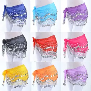 Belly Dance Hip Scarf Chiffon Skirt Wrap Professional Hip Scarf Skirt Costume with 128 Silver Coins for Yoga Belly Dancing