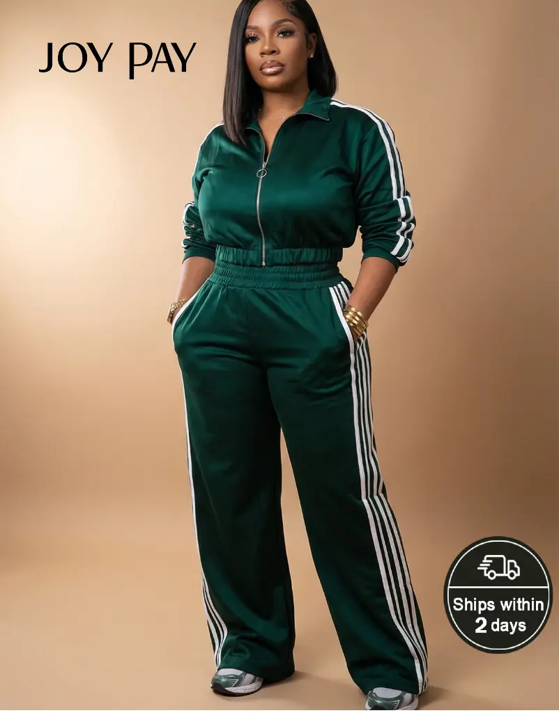 JOYPAY Women's Zip-Up Velour Tracksuit Athletic Two-Piece Set with Stripe Design Green Casual Sports Outfit for Everyday Wear