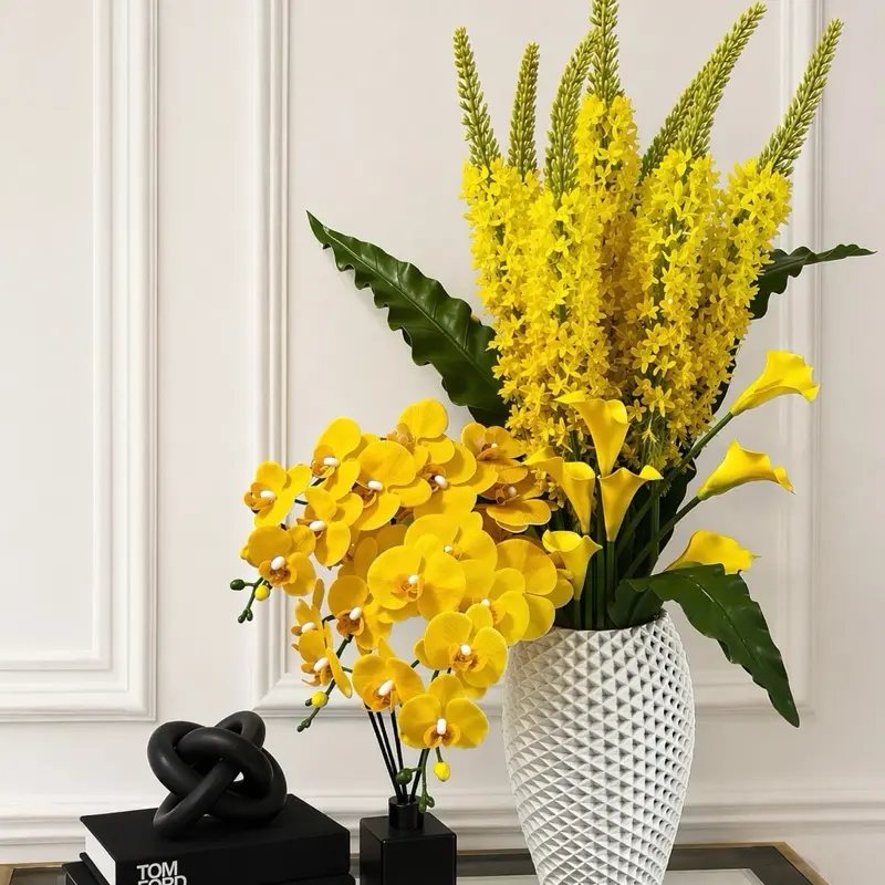 Luxury Yellow Orchid & Calla Lily Arrangement in Modern White Vase