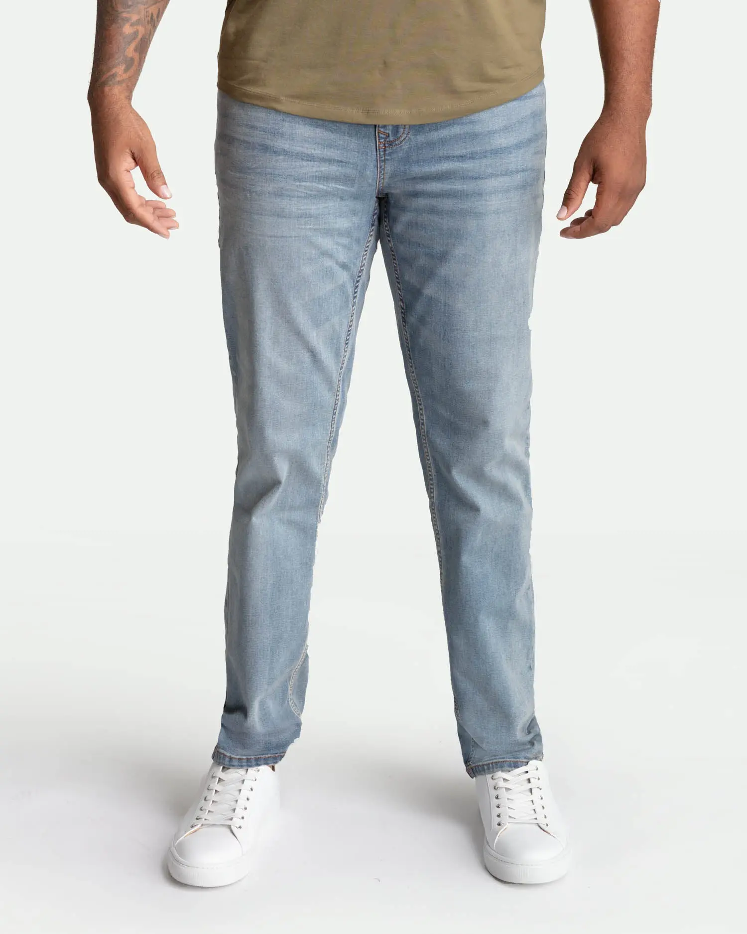 Men's Athletic Fit Light Blue Wash Sustainable 4-Way Stretch Recycled Denim Jeans, Casual Streetwear Menswear with Embroidery, Squatting-Friendly Short-Sleeve T-Shirt