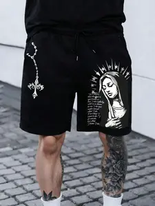 Men's Gothic Virgin Mary Graphic Streetwear Casual Drawstring Shorts | Tech-Fabric Structured Dark Aesthetic Bottoms | Vintage Cross Print Y2K Grunge Shorts for Men | Wrinkle-Free Urban Hip Hop Summer Wear