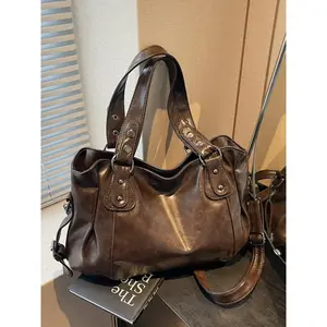 Women's Vintage Large Capacity Tote Bag, Fashionable PU Leather Shoulder Bag for Daily Used, Casual Trendy Versatile High-quality Daily Commuting Bag, Elegant Commuter Bag