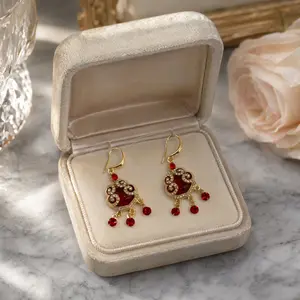 Women's Gold-Tone Traditional Ethnic Dangle Earrings, Red Resin & Rhinestone Embellished Vintage Ruyi Lock Drop Earrings, Rhinestone Embellished Earrings