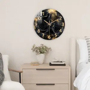 Acrylic Wall Clock Floral Theme, Flower Rose Pattern with Glitter, Silent Movement, Perfect for Living Room Bedroom Decor, Wall Art Clock