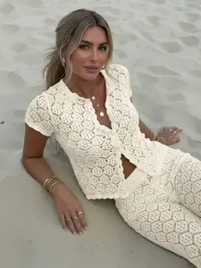 Women's Summer Crochet Mesh Hollow Out Beach Short Sleeve Knit Cardigan + Shorts Two-Piece Set, Sexy Slim Fit Party