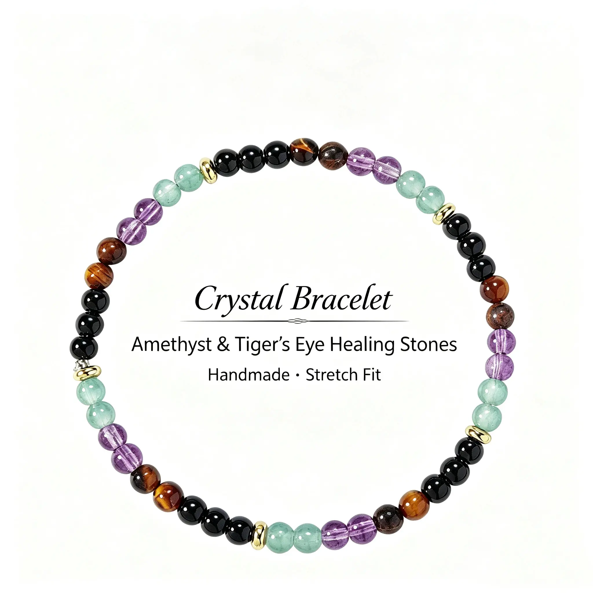Amethyst and Tiger‘s Eye Handmade Beaded Bracelet, Calming Stone for Stress Relief, Confidence and Protection, Healing Crystal for Daily Wear, Meditation, Yoga and Gift, Adjustable, Unisex