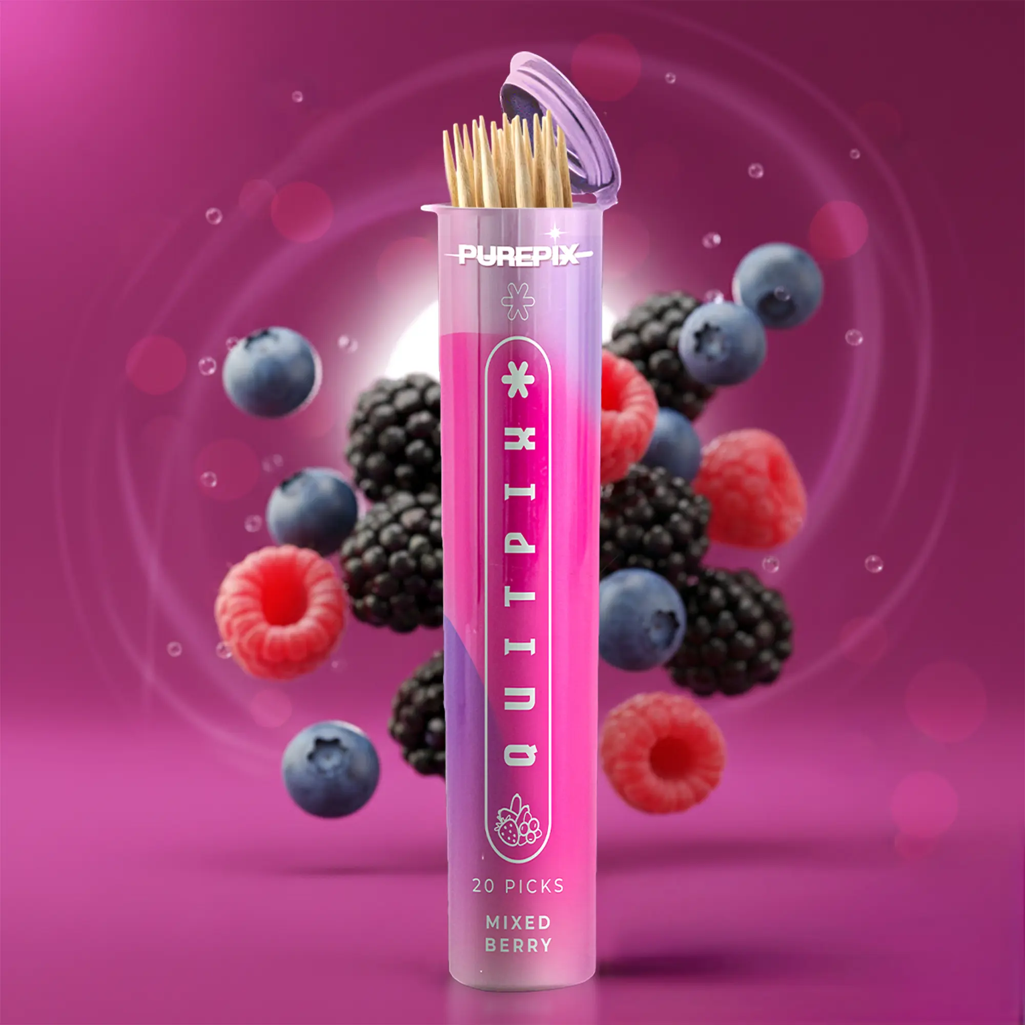 QuitPix Extra Thick Premium Flavored Toothpicks with N-A-C & L-Theanine, Kosher, Vegan MADE IN THE USA (Mixed Berry 20count pack of 1)