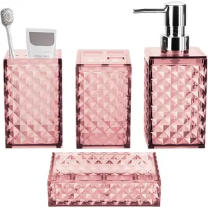 Grid Pattern 4 Pcs Plastic Bathroom Accessory Set Includes Soap Dispenser Soap Dish Toothbrush Holder Mouthwash Cup Modern Pink Bathroom Decor Set