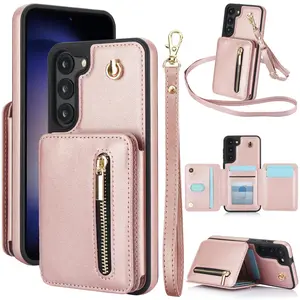 Crossbody Zipper Wallet Phone Case for Samsung Galaxy S26 S25 S24 S23 S22 S21 Ultra Plus, PU Leather Card Holder RFID Blocking Case with Wrist Strap & Shoulder Strap, Shockproof Protective Cover