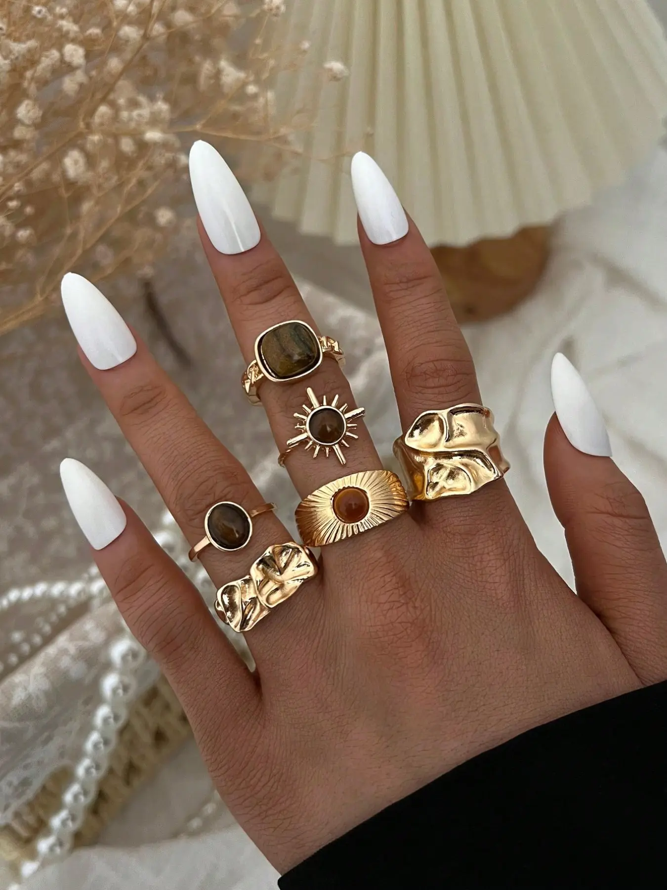 6/20 Pcs Vintage Boho Minimalist Stackable Ring Set, Imitation Pearl & Cat Eye Stone, Heart Moon Star Shaped, Vintage Jewelry, Boho Style Rings