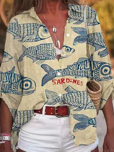 Women's Fashion Casual Comfortable Vacation Style Boho Style Woven Fall Clothing, Fish Print Pocket Detail Long Sleeve Shirt, Loose Fit Autumn Simple Design, Blouse, Top