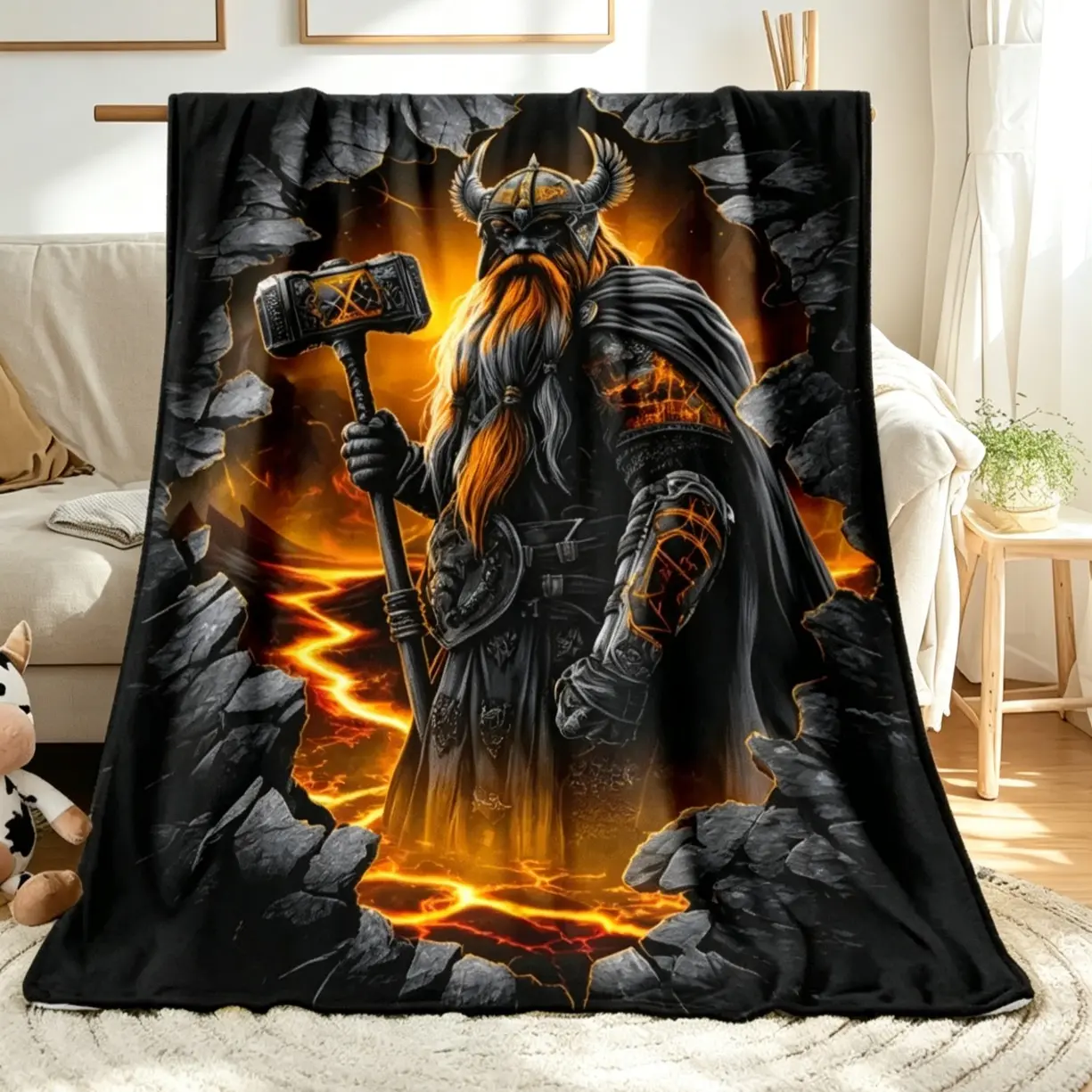 Viking Fiery Cave Flannel Blanket, Norse Mythology Mjolnir Warrior Cozy Throw Blanket, Soft Warm All-Season Blanket for Sofa Bed Camping, Gift