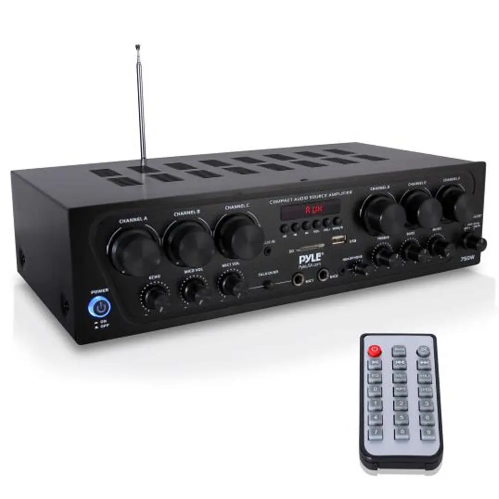 Wireless 6-Ch. Stereo Amplifier 750W Bluetooth Streaming USB/AUX | Home Audio System, Karaoke Mic Inputs, Subwoofer & RCA Outputs, Headphone Jack, Push-Type Speaker Terminals & Front Panel Controls - Remote Included