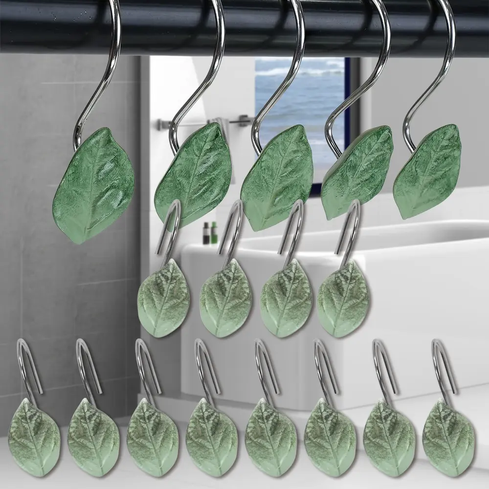 12PCS Decorative Green Plant Leaf Shower Curtain Hooks - Anti-Rust Stainless Steel Bathroom Decor Home Accessory, Artistic Design Rings Fits Most Curtains, Bath Gift Hangers, Anti-Rust Shower Curtain Rings