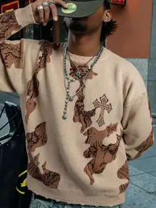 Men's New Casual Loose Fit Knit Long Sleeve Round Neck Pullover, Abstract Cross Pattern, Vintage Street Style, Perfect Layering Top